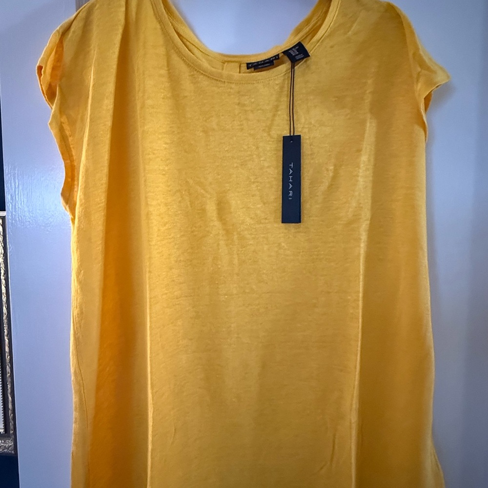 Tahari Relaxed Sunny Yellow Linen Shirt with mother of pearl buttons up the back